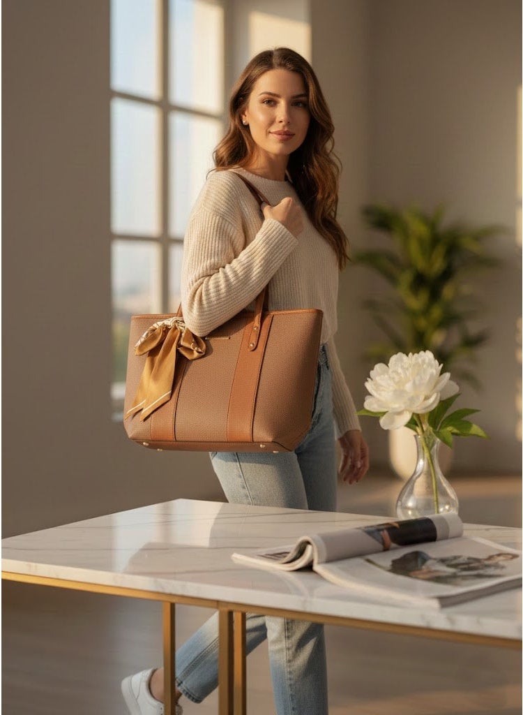 FUMES Brown Women’s Elegant Panel Tote Handbag with Scarf Detail – Structured Premium Shoulder Bag - Image 4